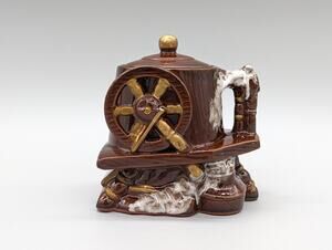 Vintage Water Wheel Mill Sugar Canister Tilso Japan Brown Lava Glaze Ceramic